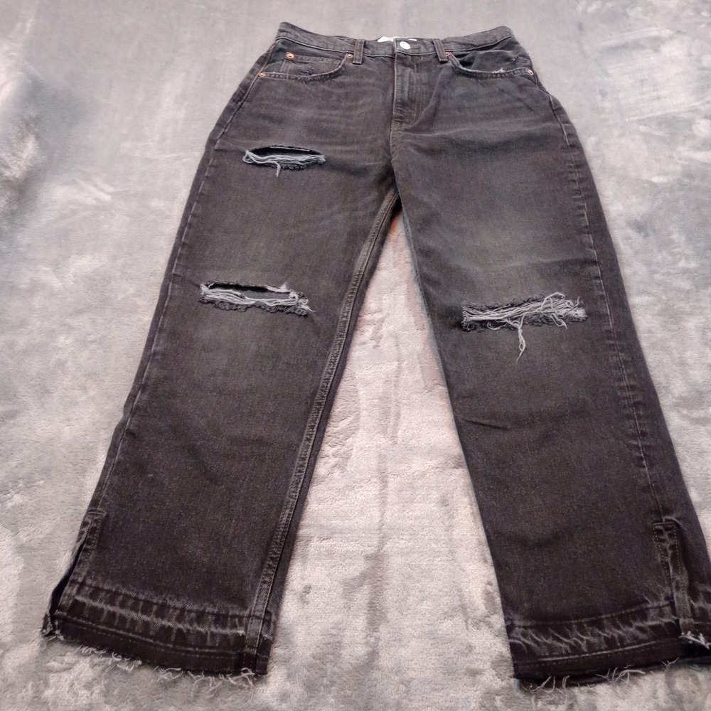 We The Free People Jeans Womens Size 27 Black Wide‎ Leg Crop Distressed Cotton